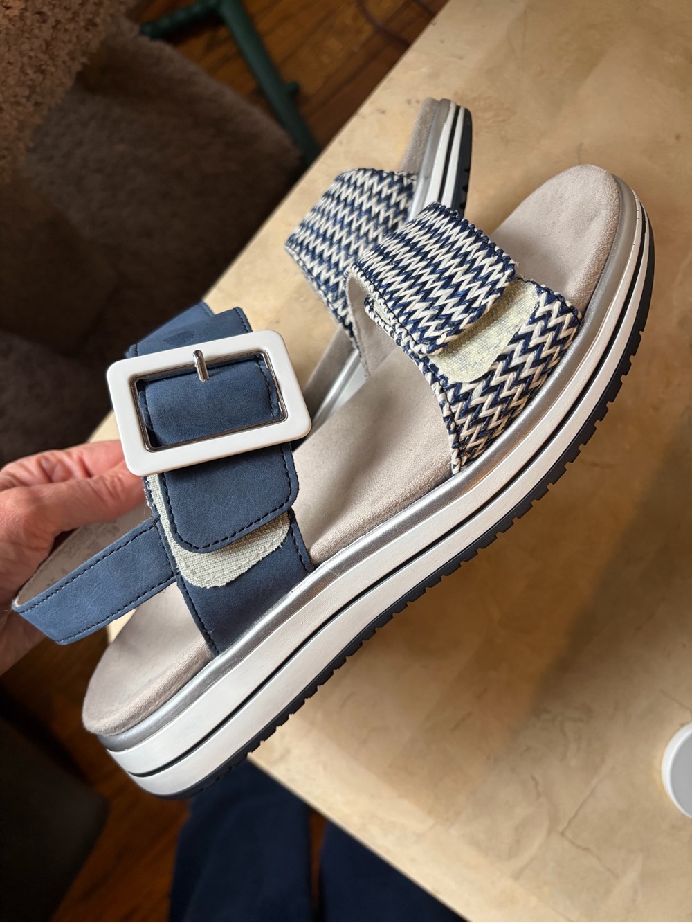 Platform Slide Sandals in Blue and White
